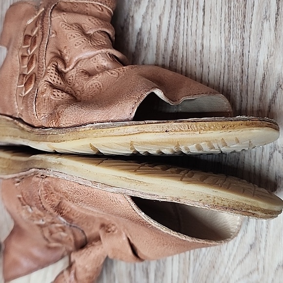 Miz Mooz Flair Scrunch Leather Ruched Sandals Brandy Open Round Toe Ankle Zip - Picture 7 of 14